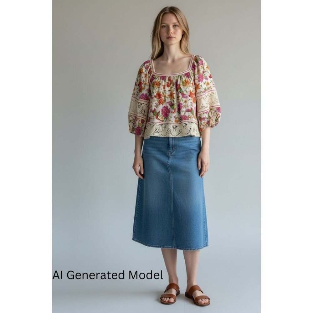 NWT Rachel Zoe Ivory Linen Blend Floral Bird Peasant Top Boho Crochet Sleeves - Picture 3 of 11